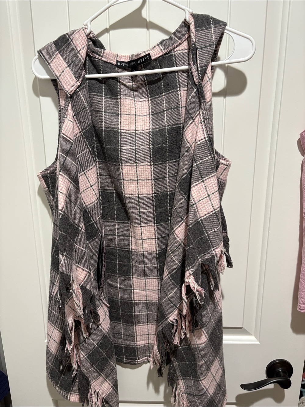 HYFVE Pink & Gray Plaid Fringed Sleeveless Vest
